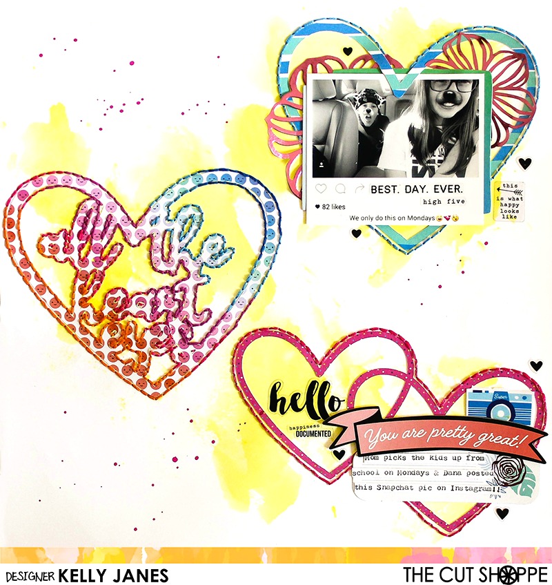 12x12 Scrapbook layout using Amy Tangerine On A Whim & Simple Stories Carpe Diem Posh stickers with The Cut Shoppe Heart Eyes Cut File