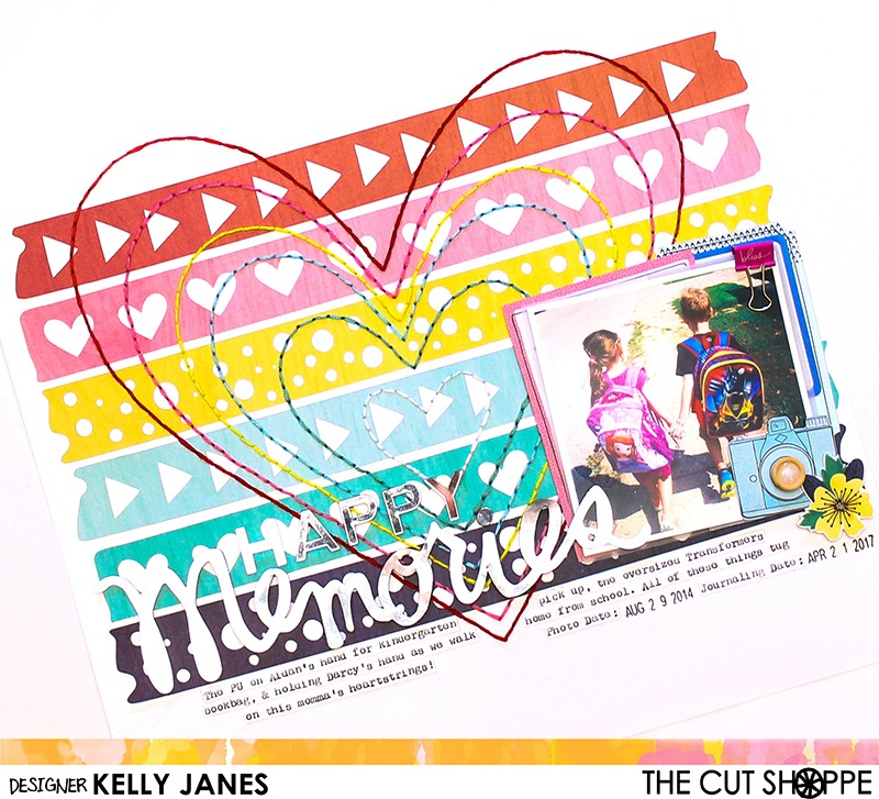 12x12 Design Team layout for The Cut Shoppe using the Washi Love & Follow Your Heart Cut Files, American Crafts Shimelle Little By Little Collection, Pink Paislee C'est La Vie mirror word, elements from Heidi Swapp and a lot of hand stitching